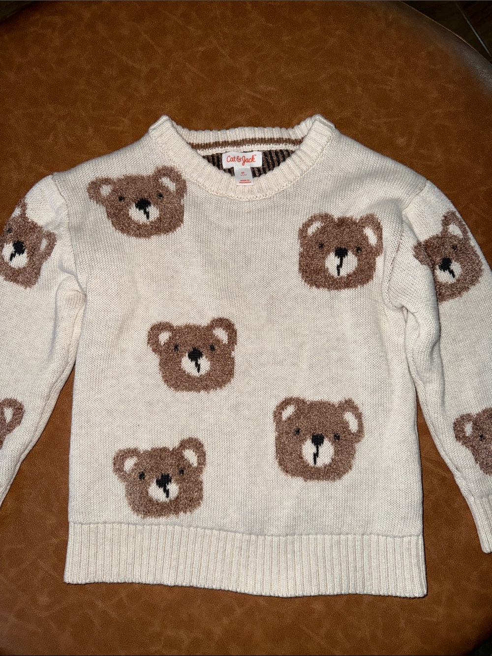 Cat & Jack Cream and Brown Bear Knit Sweater Boys 4T